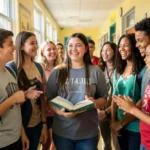 Grupo de jovens cristãos interagindo positivamente em corredor escolar.