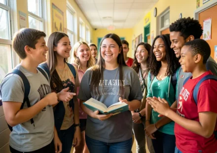 Grupo de jovens cristãos interagindo positivamente em corredor escolar.