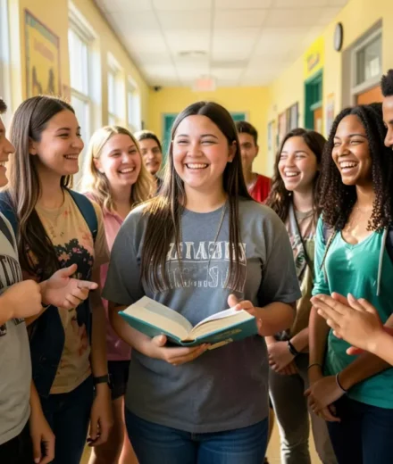 Grupo de jovens cristãos interagindo positivamente em corredor escolar.