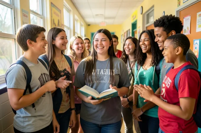 Grupo de jovens cristãos interagindo positivamente em corredor escolar.