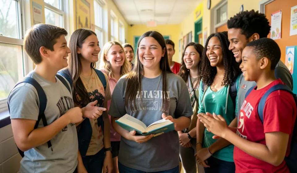 Impacto Cristão na Escola: Jovens, Fé e Testemunho Ativo Grupo de jovens cristãos interagindo positivamente em corredor escolar.