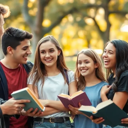 Formação de Caráter Cristão Juvenil: Guia Essencial para uma Fé Firme Grupo de jovens cristãos discutindo a Bíblia em um parque.