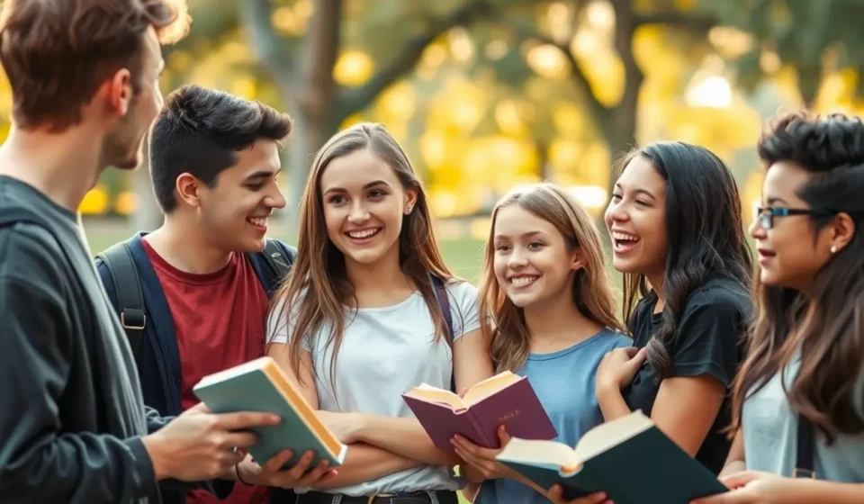 Formação de Caráter Cristão Juvenil: Guia Essencial para uma Fé Firme Grupo de jovens cristãos discutindo a Bíblia em um parque.