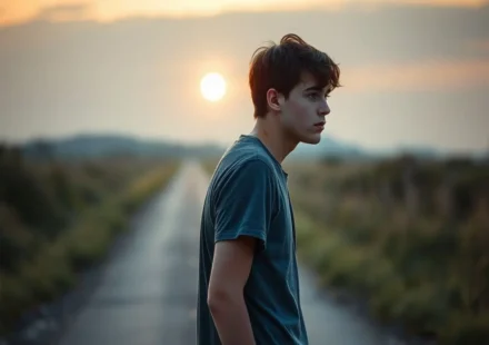 Jovem em um caminho, simbolizando o jugo na mocidade e a esperança de liberdade.