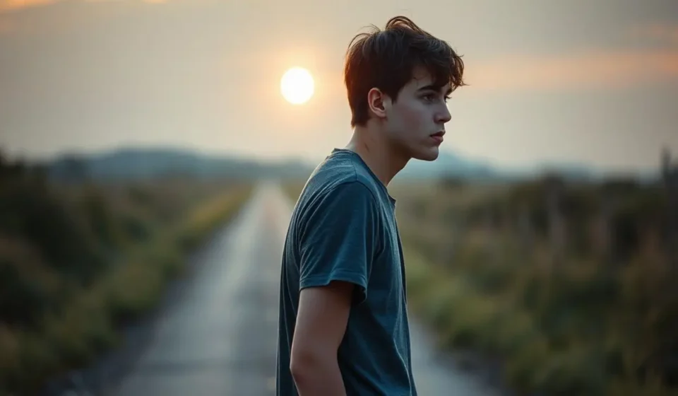 Jovem em um caminho, simbolizando o jugo na mocidade e a esperança de liberdade.