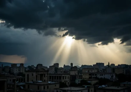 Tempestade sobre cidade antiga, simbolizando juízo divino.
