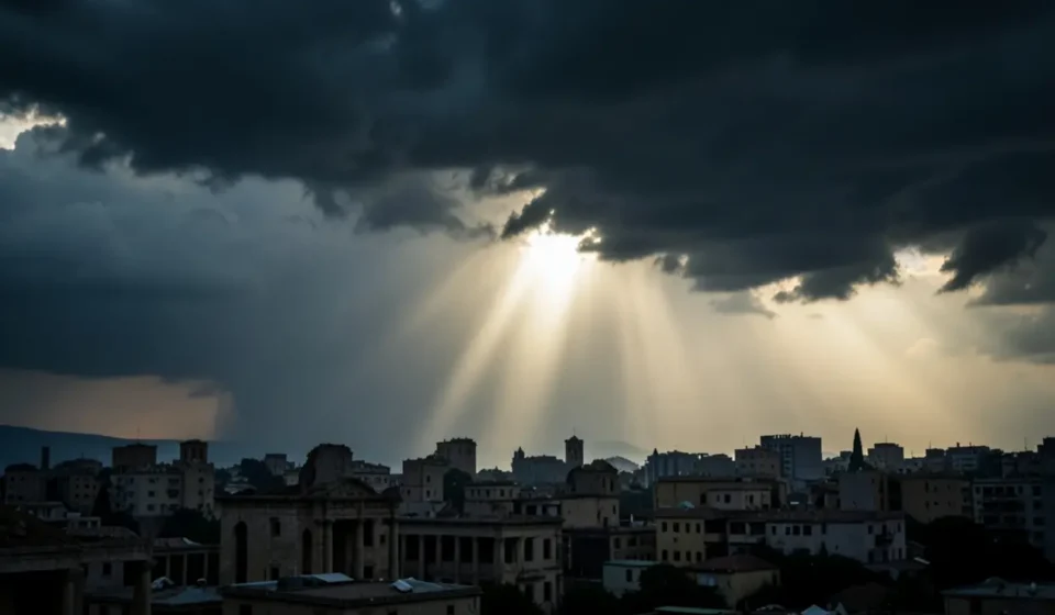 Tempestade sobre cidade antiga, simbolizando juízo divino.