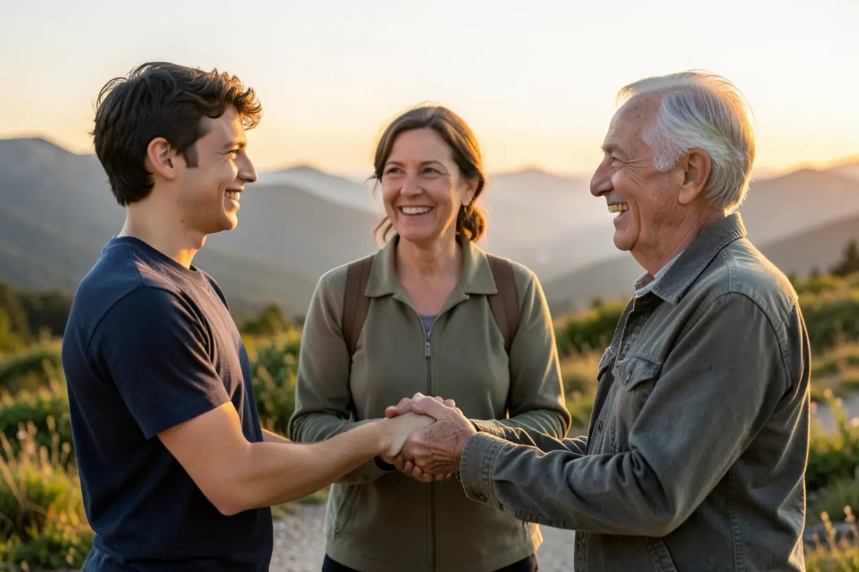 Três pessoas de diferentes idades unidas, simbolizando laços inquebráveis.