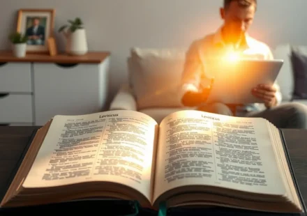 Bíblia aberta em Levítico com luz divina e cena de cotidiano ao fundo.