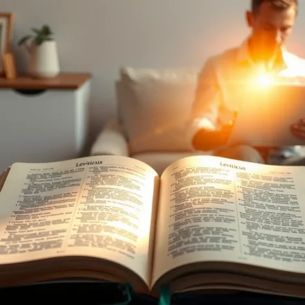 Bíblia aberta em Levítico com luz divina e cena de cotidiano ao fundo.