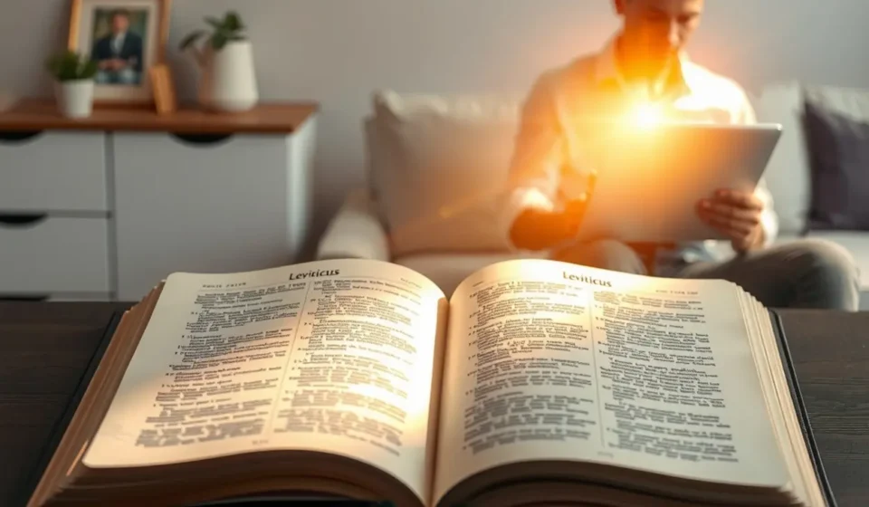 Bíblia aberta em Levítico com luz divina e cena de cotidiano ao fundo.