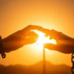 Mãos se libertando de correntes, luz dourada, simbolizando como romper com mentiras espirituais.