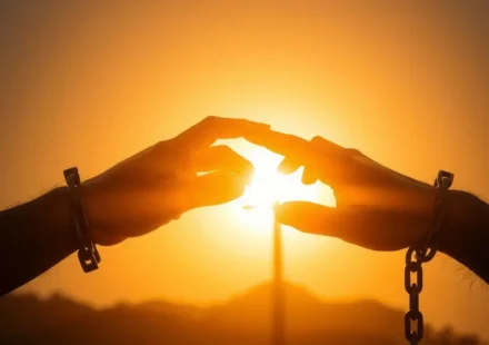 Mãos se libertando de correntes, luz dourada, simbolizando como romper com mentiras espirituais.