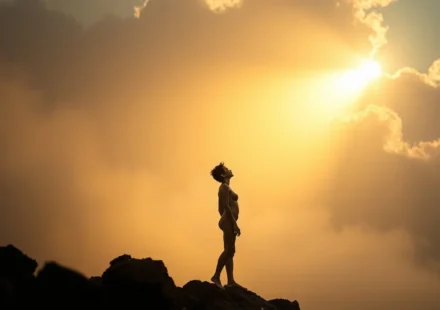 Pessoa livre de correntes, olhando para o céu com esperança, simbolizando Romanos 8:1.