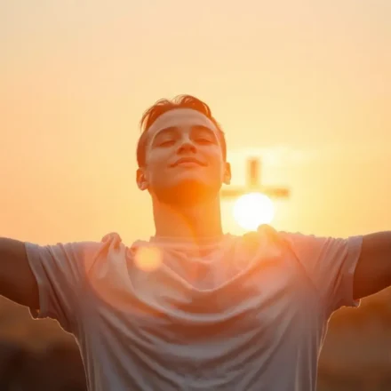 Pessoa em paz diante da cruz de Cristo