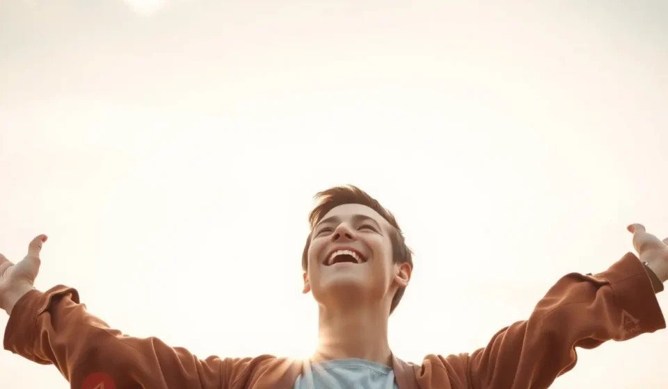 Pessoa feliz com braços abertos, simbolizando vida cristã além da religião.