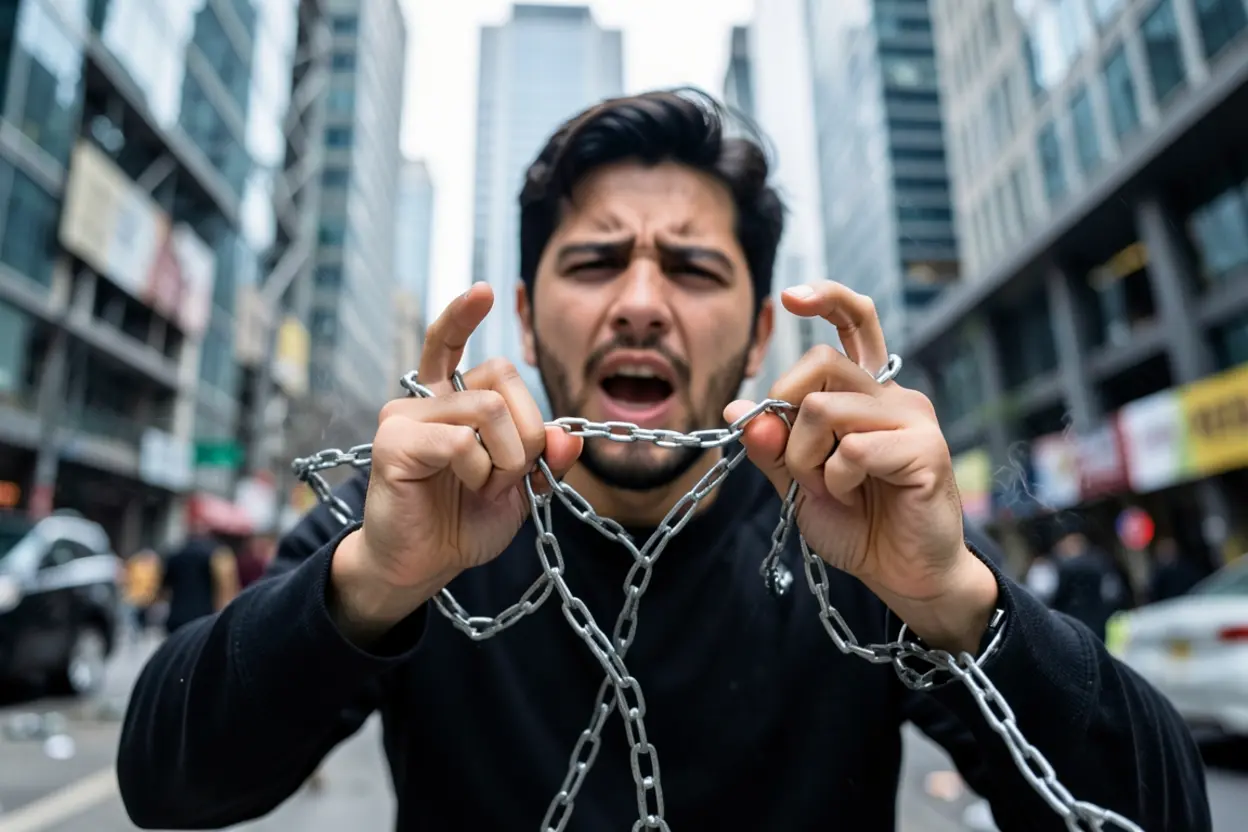 Libertação do Século Mau Mãos se libertando de correntes em ambiente urbano