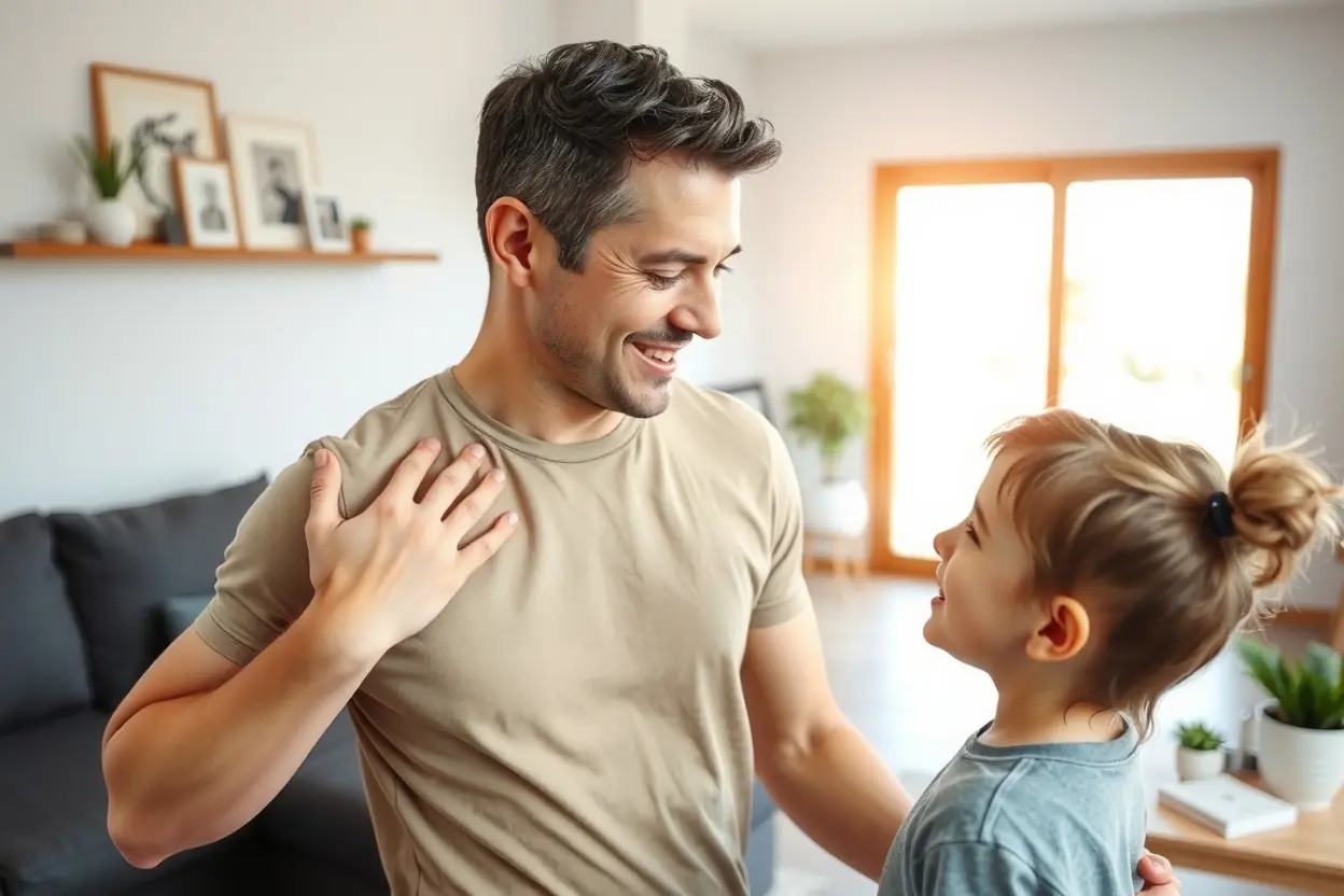 Homem com esposa e filho em sala, demonstrando liderança familiar.
