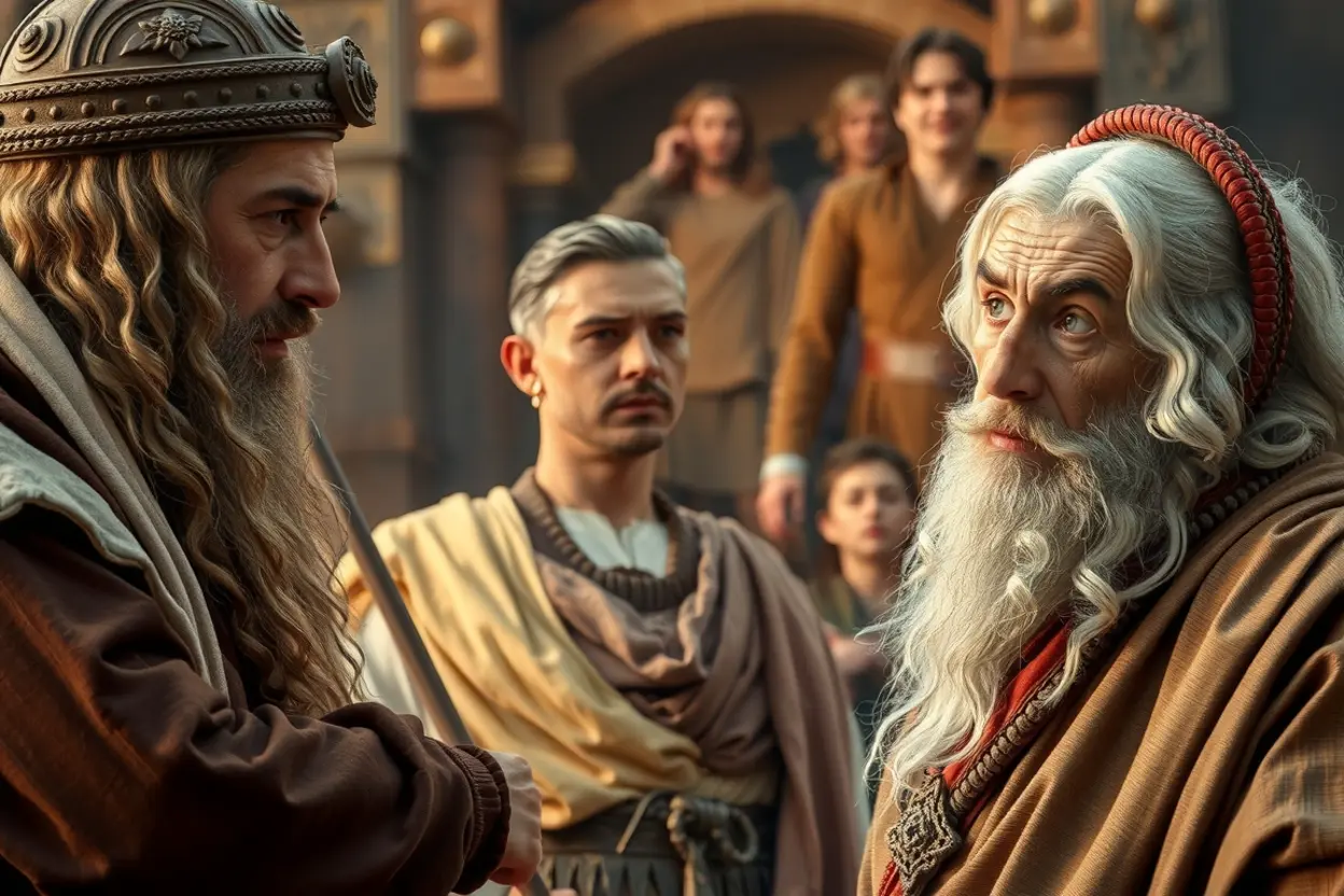 Líderes Ouvindo a Voz Profética Líderes antigos ouvindo um profeta com determinação.