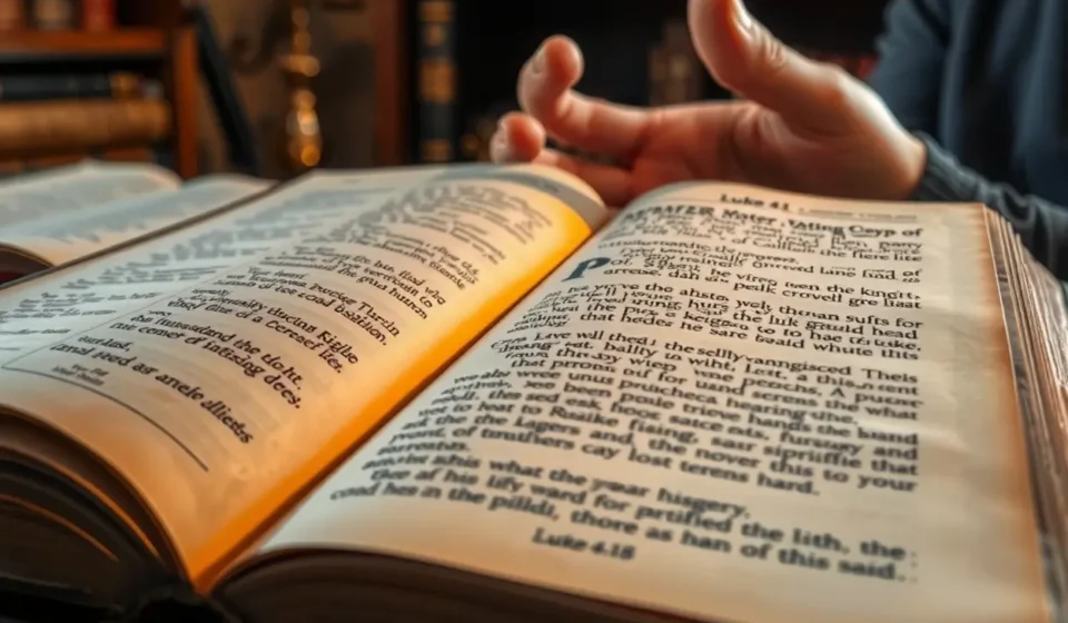 Bíblia aberta em Lucas 4:18, simbolizando a unção de Jesus para pregar.