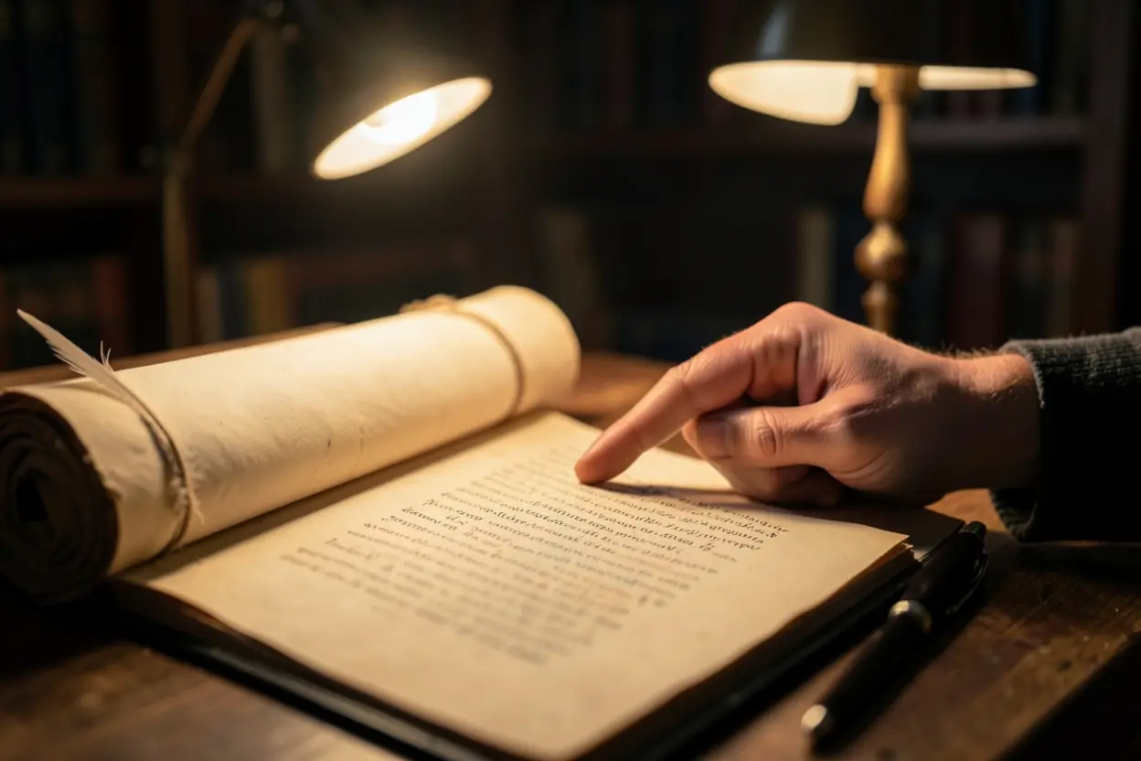 Mão apontando para um pergaminho antigo, simbolizando o estudo do Evangelho de Lucas.