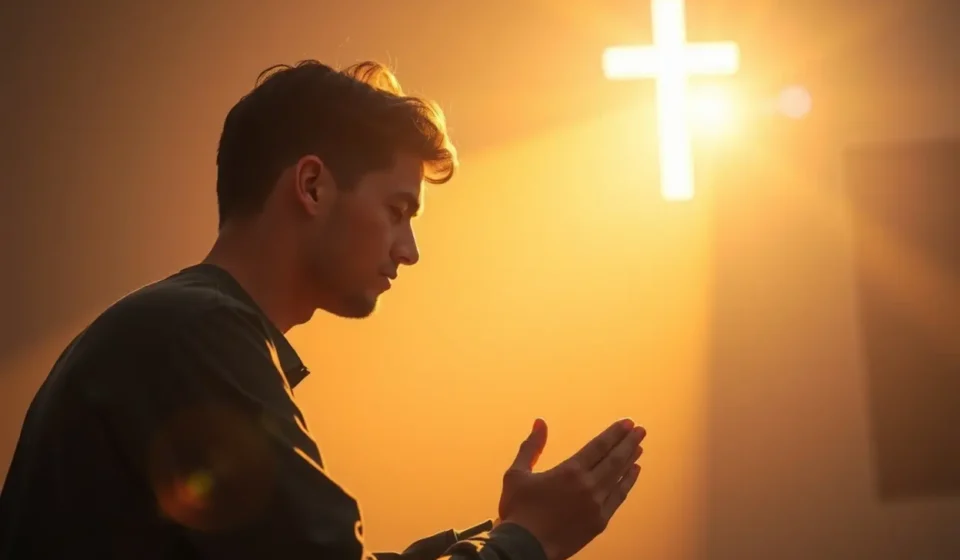 Pessoa em oração recebendo luz divina, simbolizando o Espírito Santo.
