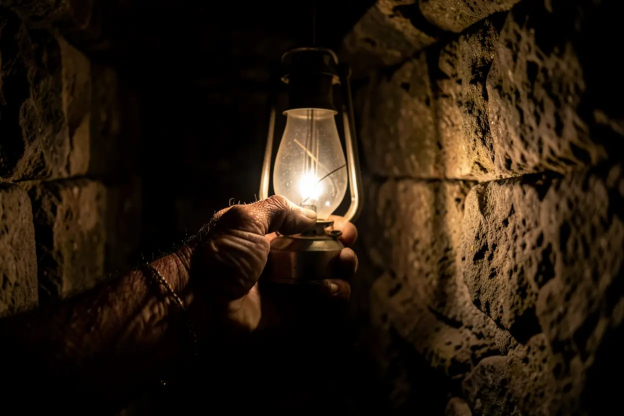 Mão com lamparina iluminando parede antiga, revelando segredos.