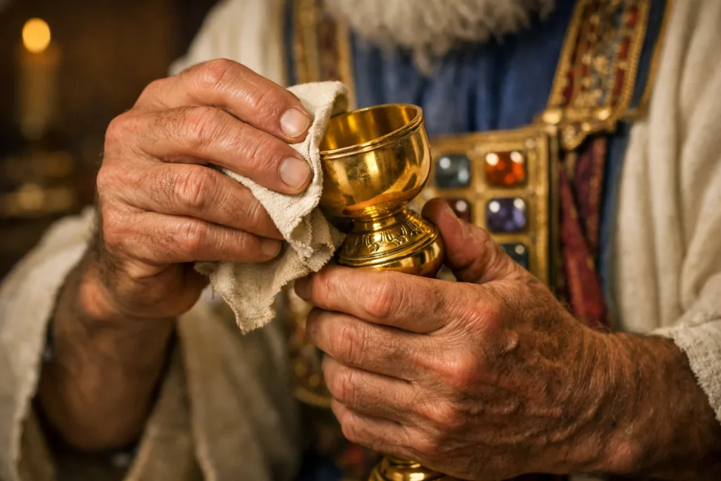 Mãos no Serviço Sagrado Mãos de sacerdote preparando vaso sagrado