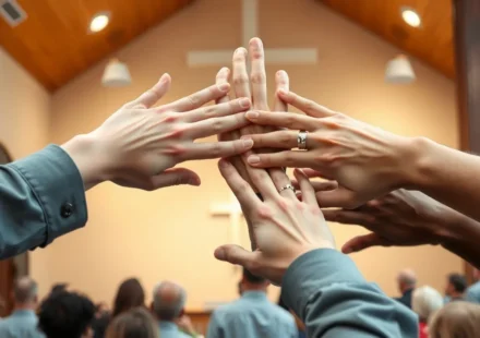 Mãos de diferentes pessoas unidas em círculo, representando a comunhão cristã.
