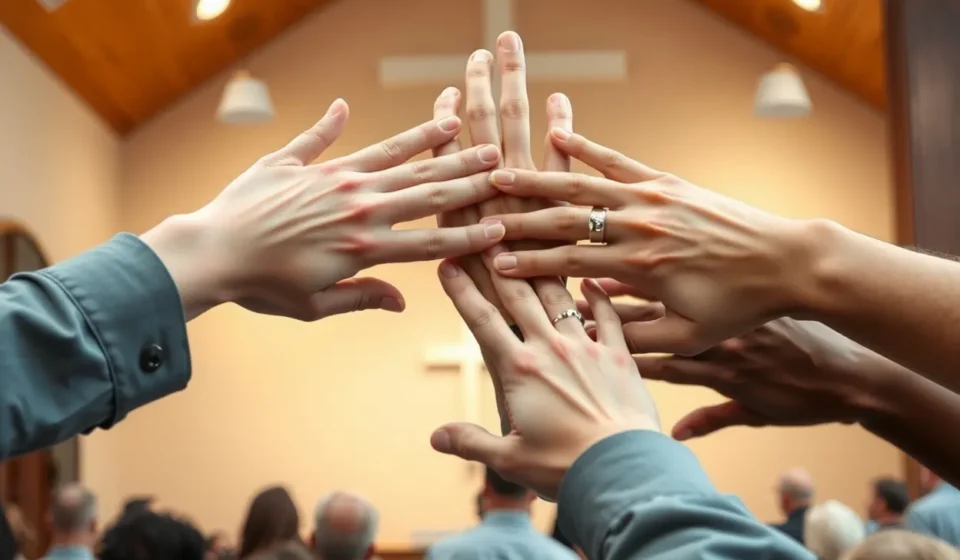 Mãos de diferentes pessoas unidas em círculo, representando a comunhão cristã.
