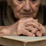 Mulher idosa em oração, simbolizando a amargura e a fé.