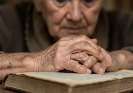 Mulher idosa em oração, simbolizando a amargura e a fé.