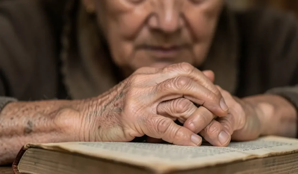 Mulher idosa em oração, simbolizando a amargura e a fé.