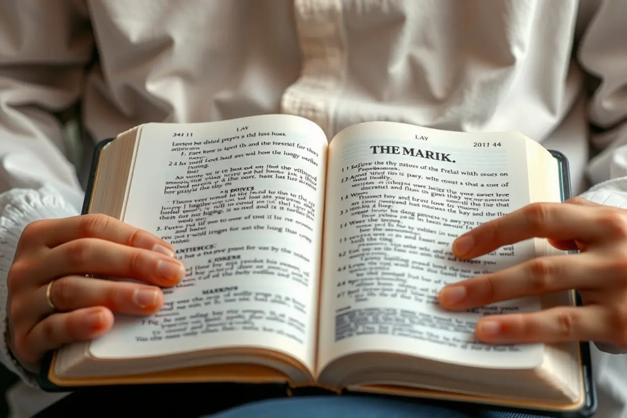 Mãos segurando a Bíblia aberta em Marcos 6:31, buscando a explicação de descansar em Jesus.