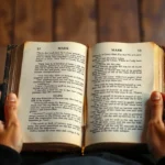 Mãos segurando a Bíblia aberta em Marcos 8:34, simbolizando a negação do eu.