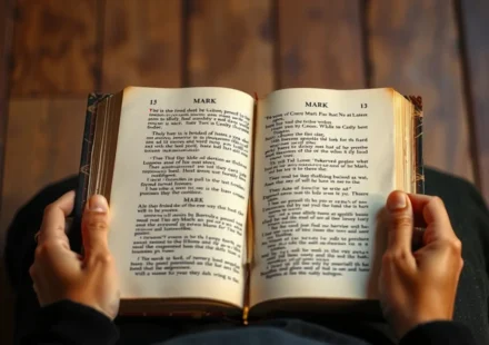 Marcos 8:34: A Profundidade Bíblica de Negar a Si Mesmo Mãos segurando a Bíblia aberta em Marcos 8:34, simbolizando a negação do eu.