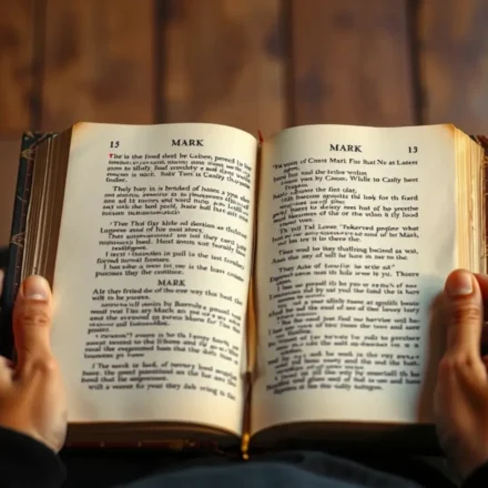 Mãos segurando a Bíblia aberta em Marcos 8:34, simbolizando a negação do eu.