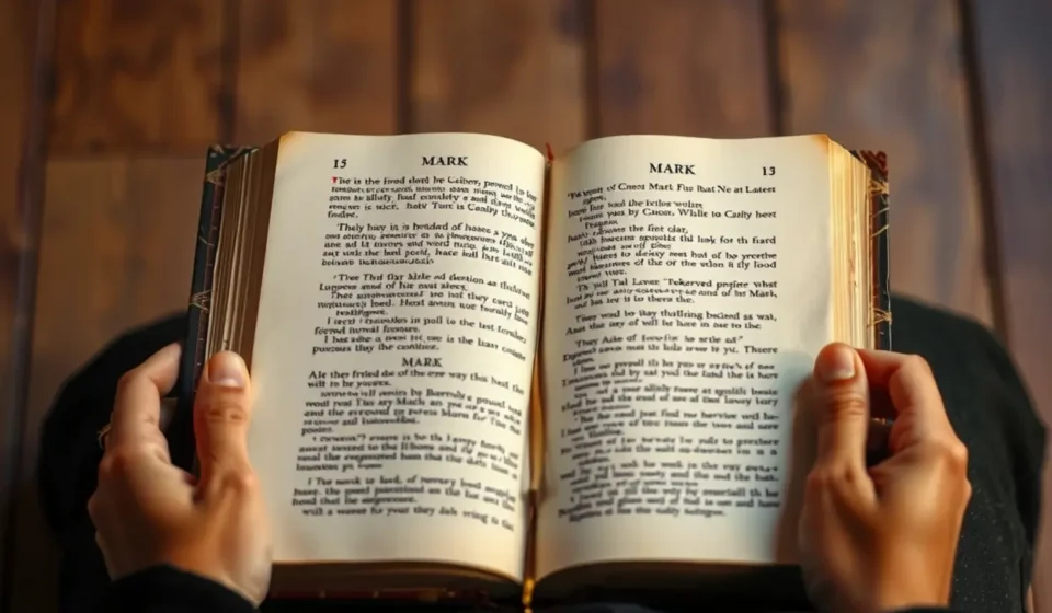 Mãos segurando a Bíblia aberta em Marcos 8:34, simbolizando a negação do eu.