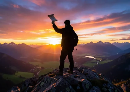 Naum 1:15 – A Proclamação da Paz e o Triunfo da Fé Bíblica Um mensageiro solitário no topo de uma montanha ao nascer do sol, simbolizando a proclamação da paz.