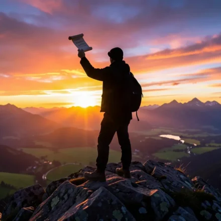 Um mensageiro solitário no topo de uma montanha ao nascer do sol, simbolizando a proclamação da paz.