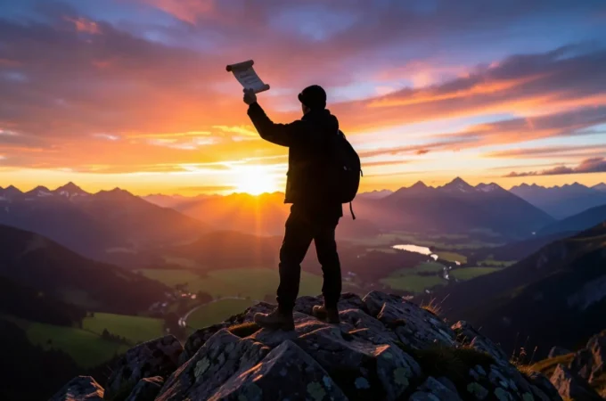 Um mensageiro solitário no topo de uma montanha ao nascer do sol, simbolizando a proclamação da paz.
