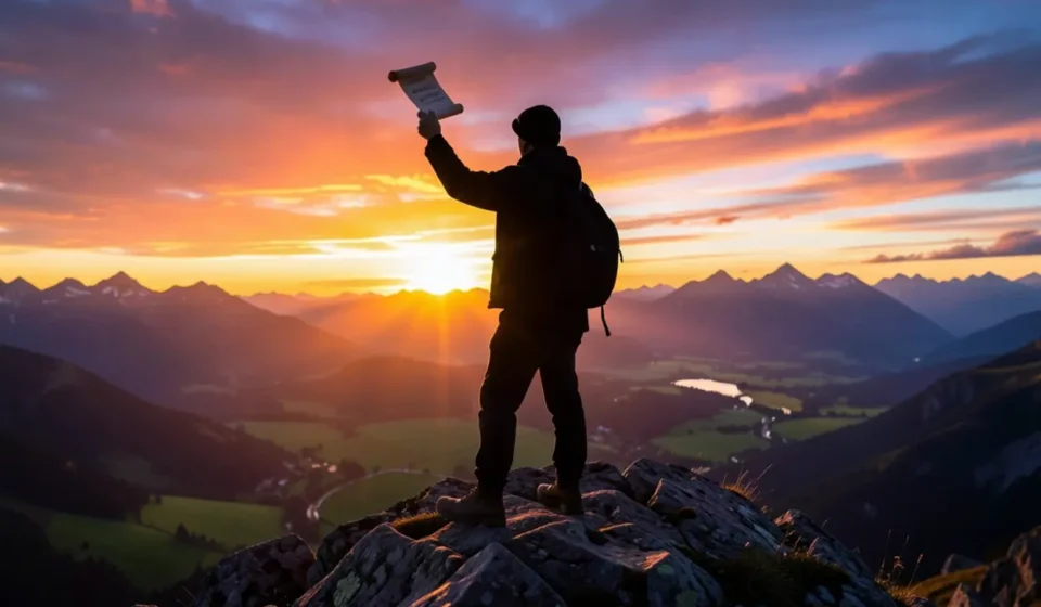 Um mensageiro solitário no topo de uma montanha ao nascer do sol, simbolizando a proclamação da paz.