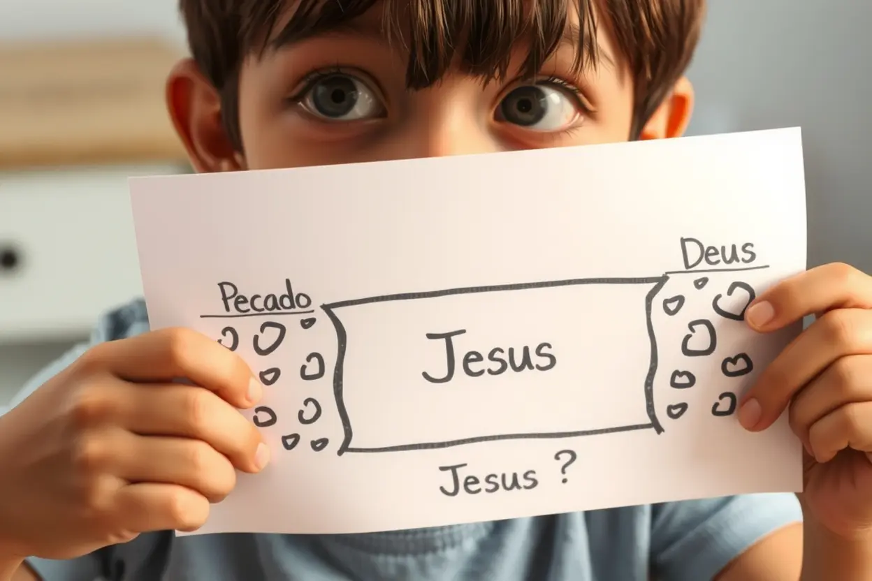 Criança olhando para um desenho de uma ponte, simbolizando Jesus como o caminho para Deus.