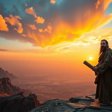 Profeta Miqueias com pergaminho ao amanhecer.