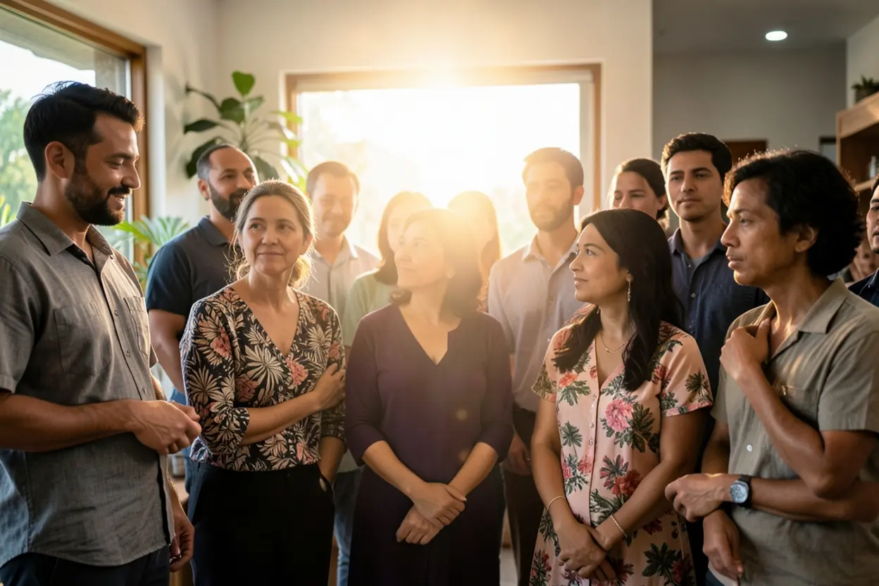 Pessoas diversas experimentando libertação e cura através da unção.