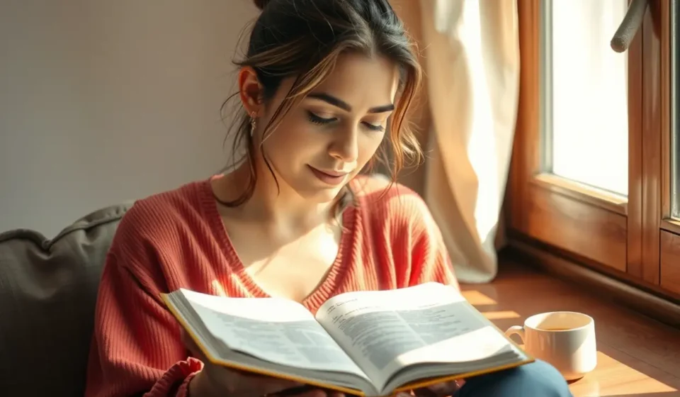 Mulher lendo a Bíblia em casa