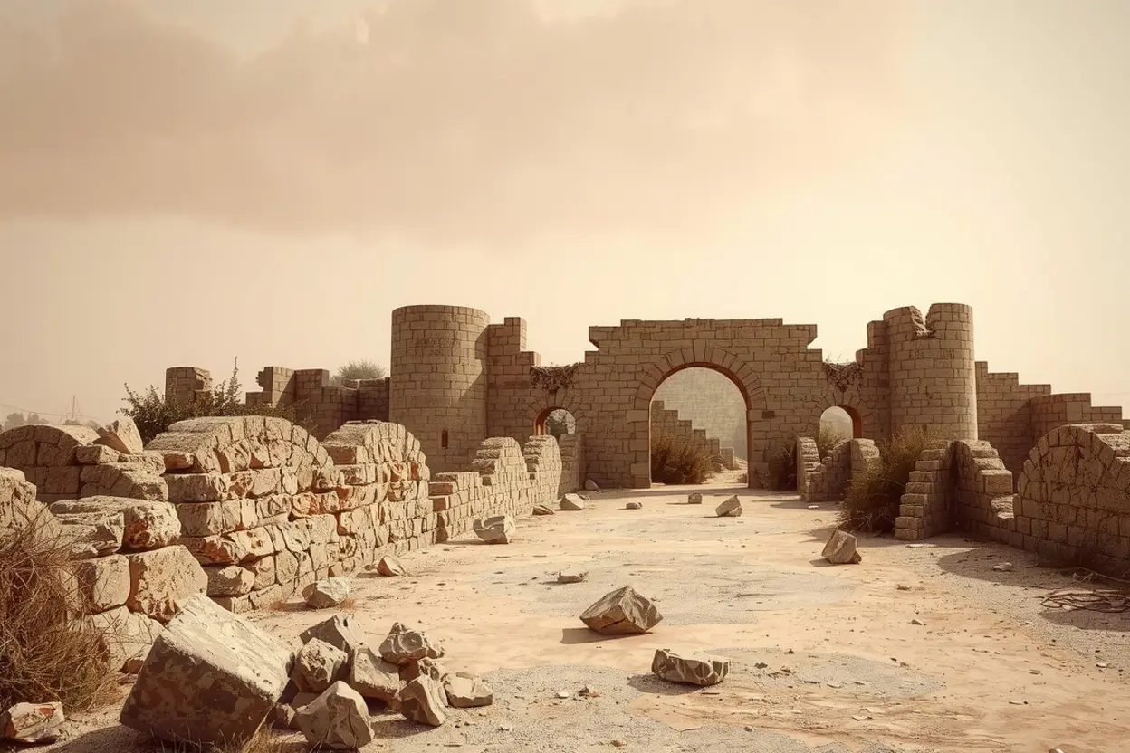 Muros Caídos de Jerusalém Ruínas de muros antigos, pedras quebradas, mostrando a desolação de uma cidade sem proteção.