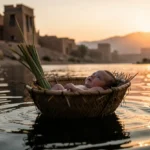 Bebê Moisés em cesto no rio Nilo ao pôr do sol