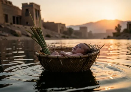 Bebê Moisés em cesto no rio Nilo ao pôr do sol