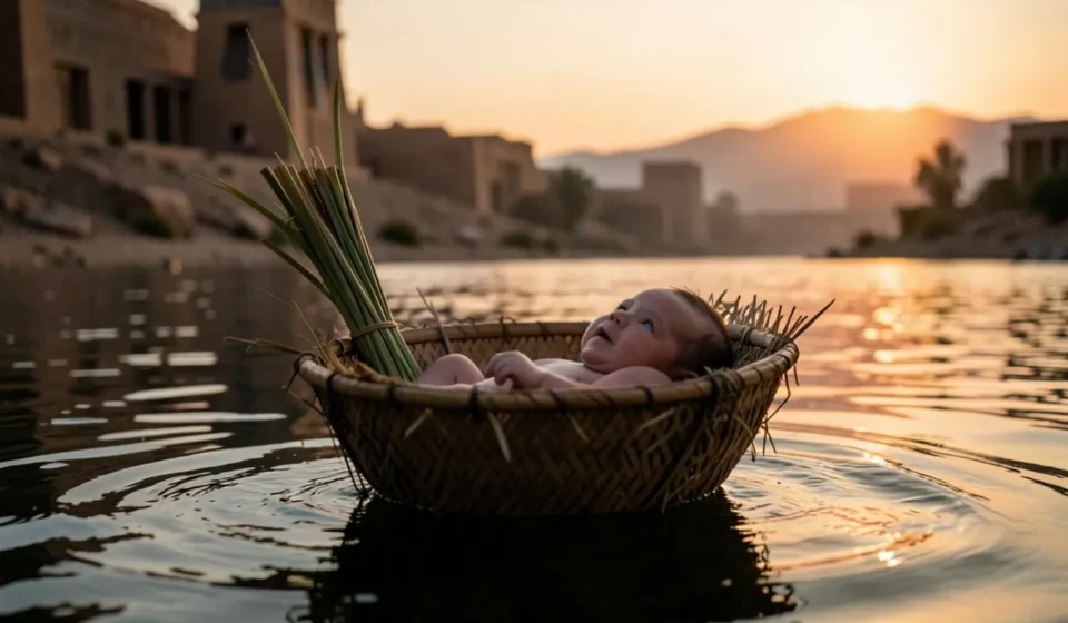 Bebê Moisés em cesto no rio Nilo ao pôr do sol